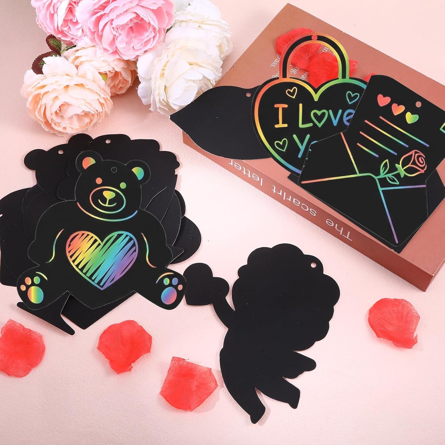 ShioShin 42 Pack Valentine's Day Rainbow Scratch Paper, DIY Rainbow Scratch Art, Scratch Art Party Favors with Wooden Styluses and Pieces Ribbons, Valentines Crafts for Creative Gifts Holiday Decor