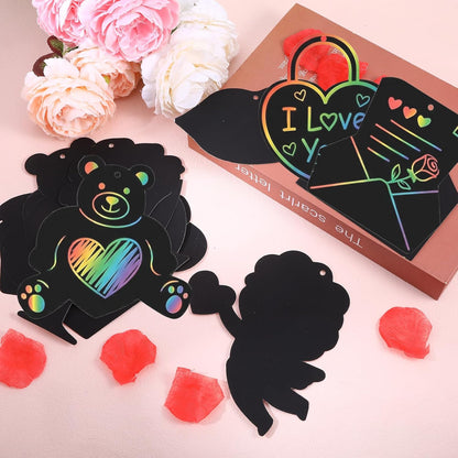ShioShin 42 Pack Valentine's Day Rainbow Scratch Paper, DIY Rainbow Scratch Art, Scratch Art Party Favors with Wooden Styluses and Pieces Ribbons, Valentines Crafts for Creative Gifts Holiday Decor