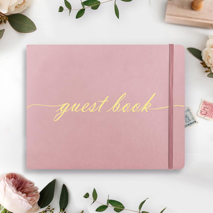 Elegant Wedding Guest Book - Perfect for Wedding Receptions, Baby Showers, Birthdays and Special Events - 7" x 9" Sign in Book - 120 Lined Pages - Leather Hardcover - Pink
