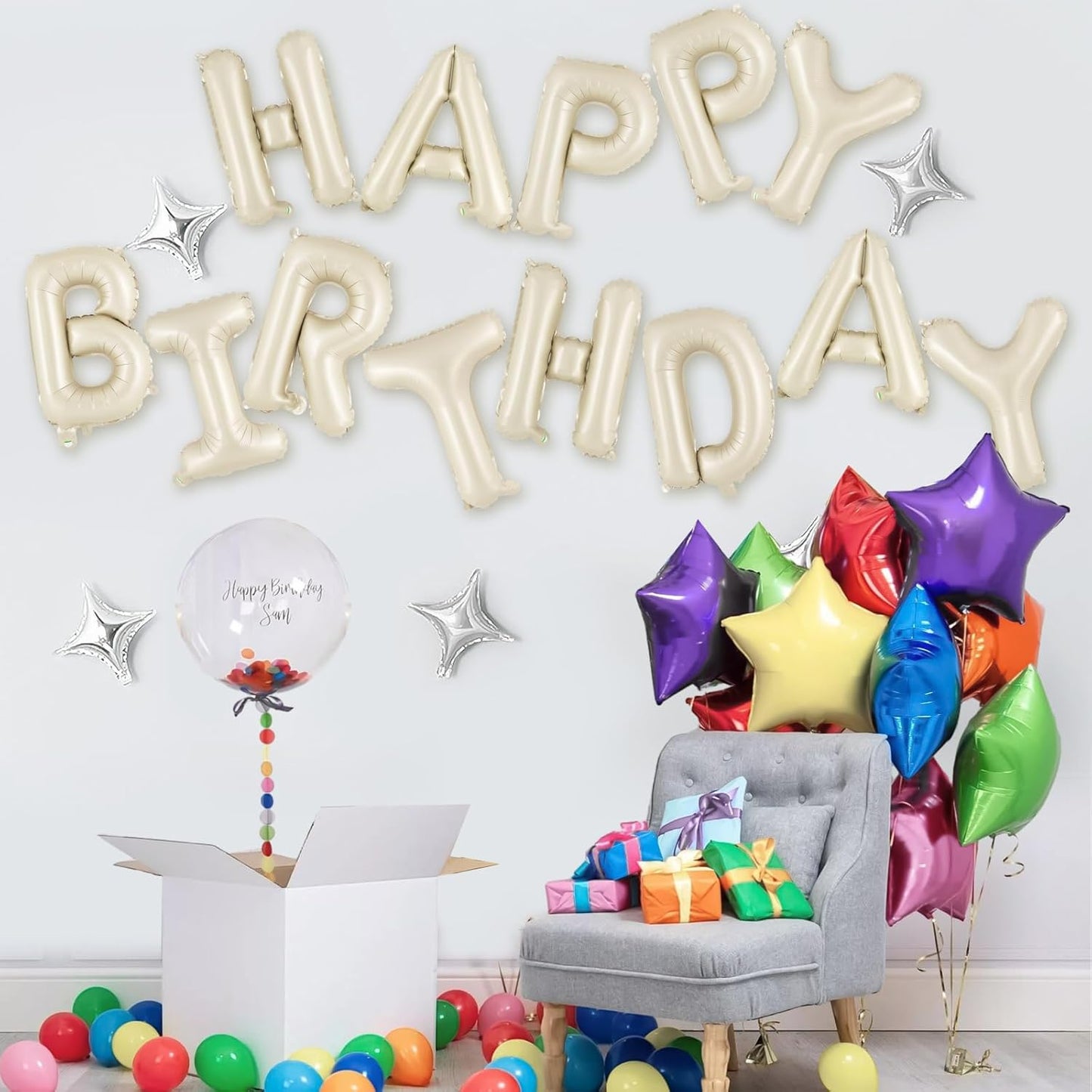 Happy Birthday Balloons Banner, Foil Balloon Personalized Name Letters Balloons Sign Birthday Party Decorations for Women Men Boys Girls Cream