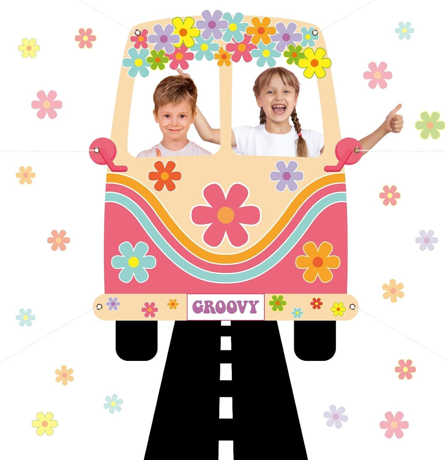 2 Pcs Hippie Bus Photo Booth Prop Road Floor Runner Set 60s 70s Retro Groovy Van Prop Large Fabric 1960s Hippie Selfie Frame Backdrop Background Banner for Daisy Birthday Party Decoration 61x47 Inch