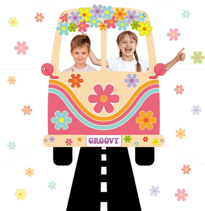 2 Pcs Hippie Bus Photo Booth Prop Road Floor Runner Set 60s 70s Retro Groovy Van Prop Large Fabric 1960s Hippie Selfie Frame Backdrop Background Banner for Daisy Birthday Party Decoration 61x47 Inch