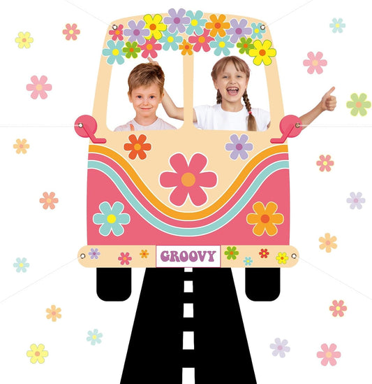 2 Pcs Hippie Bus Photo Booth Prop Road Floor Runner Set 60s 70s Retro Groovy Van Prop Large Fabric 1960s Hippie Selfie Frame Backdrop Background Banner for Daisy Birthday Party Decoration 61x47 Inch