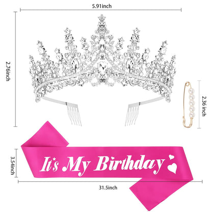 CURASA Birthday Tiara and Sash - Silver Birthday Crown for Women, Perfect for Parties and Celebrations