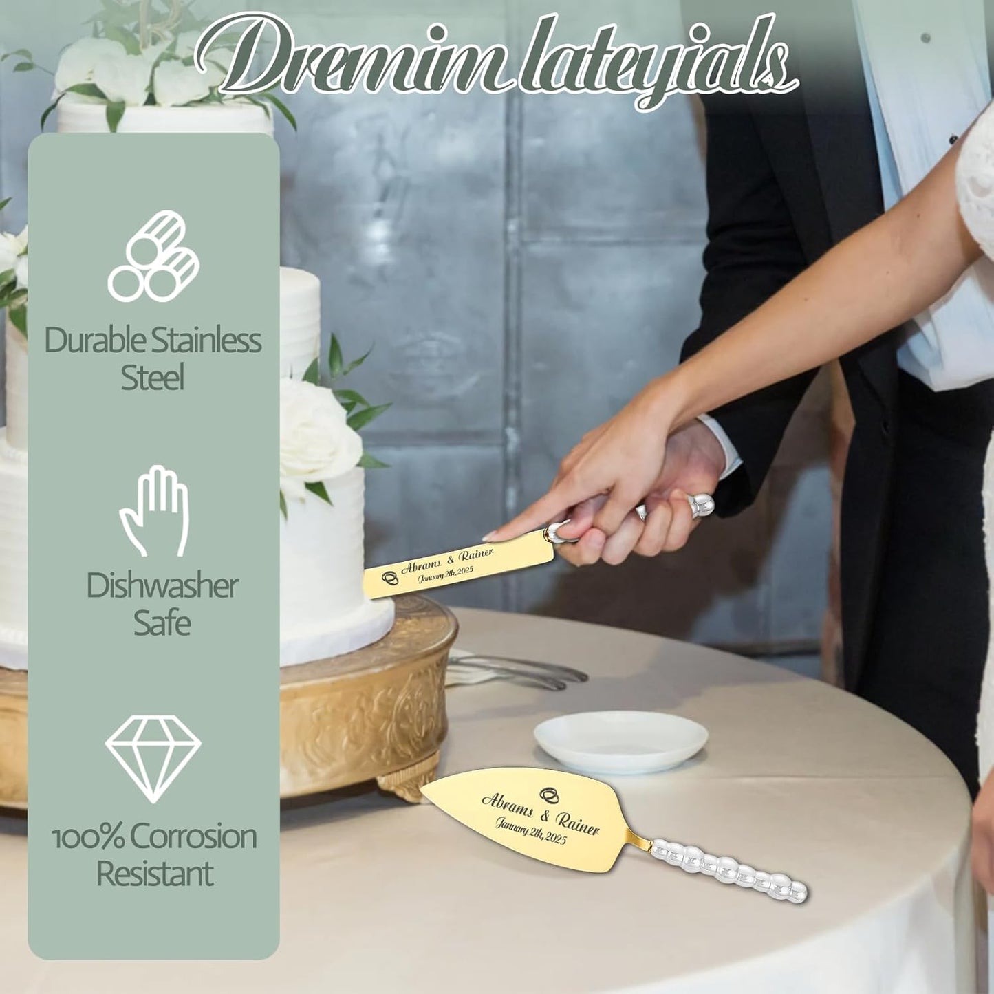 HJX Personalized Wedding Cake Knife and Server Set with Champagne Flutes, Custom Name Text Toasting Glasses for Bride and Groom, Cake Cutting Set Ideal Wedding Engagement Bridal Shower Gift