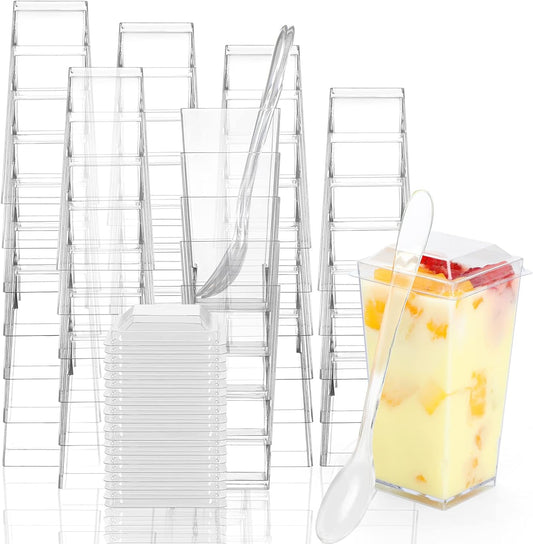 EASERCY 50 Pack 3 oz Square Mini Dessert Cups with Lids and Spoons Clear Dessert Shooter Cups with Spoons Parfait Cups with Lids Appetizer Cups for Party Small Plastic Dessert Cups for Pudding