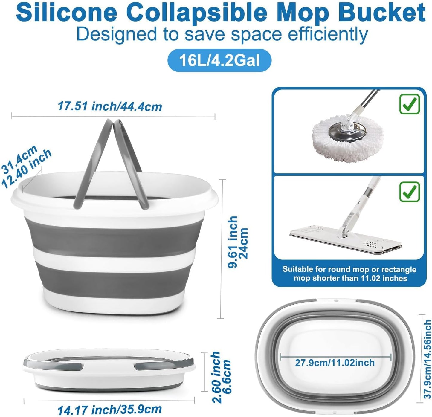 Collapsible Bucket for Cleaning, 4.2 Gallons Mop Bucket with Handle for Floor Window Car Washing, Silicone Ice Buckets for Parties Camping Fishing Beach, RV Laundry Storage Household Cleaning Supplies