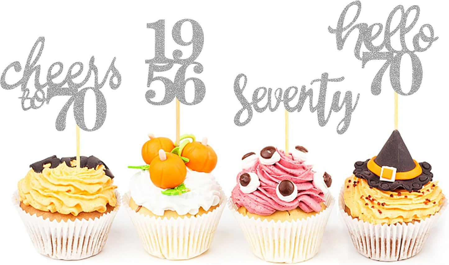 24 Pcs Glitter 70th Birthday Cupcake Toppers for Celebrating 70th Birthday Party Decorations for Seventy Years Old Birthday Party Supplies (Rose Gold2)