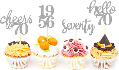24 Pcs Glitter 70th Birthday Cupcake Toppers for Celebrating 70th Birthday Party Decorations for Seventy Years Old Birthday Party Supplies (Rose Gold2)
