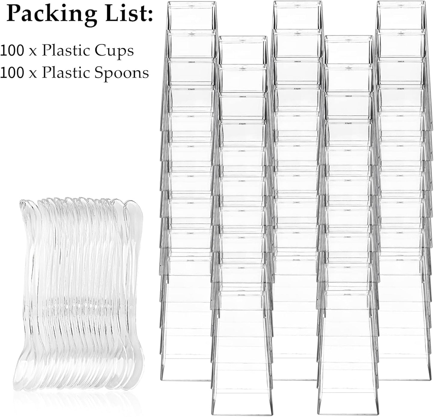 TOFLEN 50 Pack 3 oz Square Mini Dessert Cups with Spoons Clear Plastic Dessert Shooter Cups for for Party, Yogurt, Parfait, Cheesecake, Pudding, Jello and Appetizers