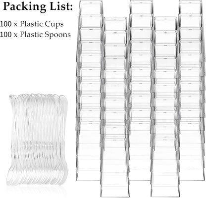 TOFLEN 50 Pack 3 oz Square Mini Dessert Cups with Spoons Clear Plastic Dessert Shooter Cups for for Party, Yogurt, Parfait, Cheesecake, Pudding, Jello and Appetizers