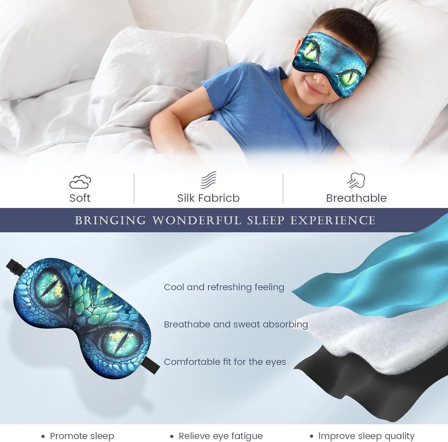 2 Pcs Sleep Mask for Kids Boys, Silk Eye Covers for Sleeping, Adjustable Strap & Light Blocking Design, Adult Children's Bedtime Blindfold for Travel and Home Use (Funny Eye)