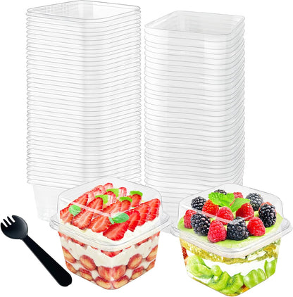 100Pcs 8oz Plastic Dessert Cups with Lids and Spoons,Disposable Parfait Cup Square Cake Containers for Party Favor,Mousse,Yogurt,Pudding,Snacks,Fruits,50 Sets