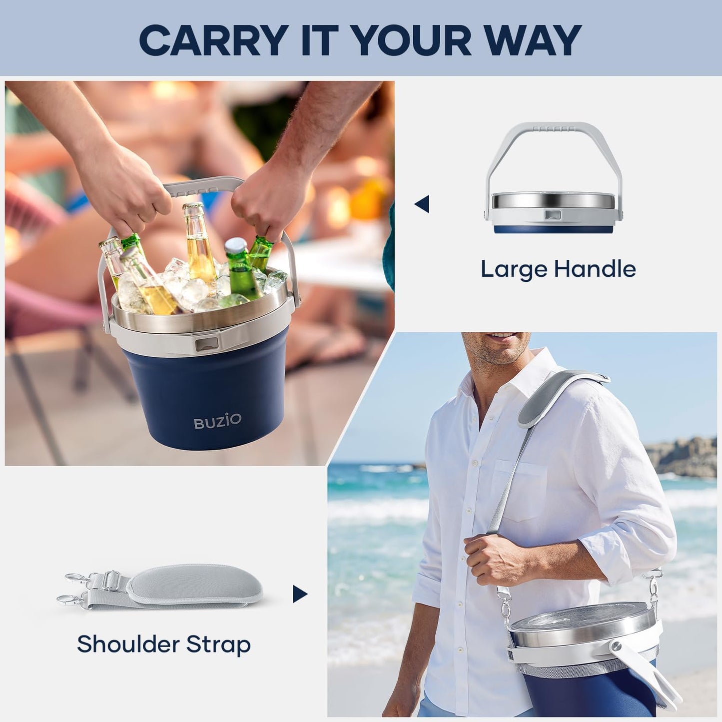 BUZIO 7 L Ice Bucket for Parties with Lid and Scoop & Tongs, Vacuum Insulated Stainless Steel Ice Buckets with Handle and Adjustable Shoulder Strap, Large Beverage Bucket for Cocktail Bar, Blue