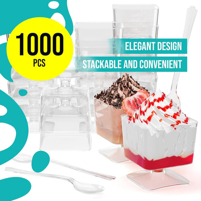 Exquisite Mini Dessert Cups With Spoons 200 Pcs - 2 Oz Square Clear Plastic Pudding Cups Disposable With Tasting Spoons 100 Sets | Mini Parfait Cup | Appetizer Cup For Party & Events