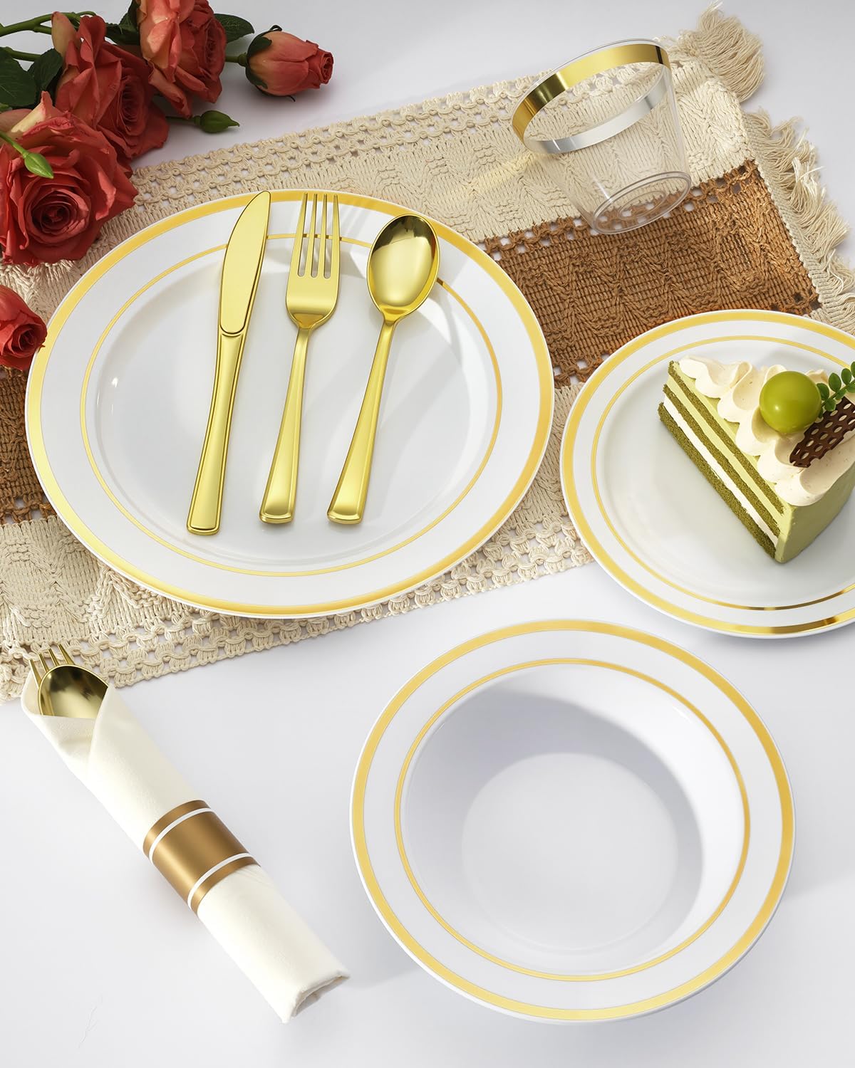 BESTVIP 350PCS Gold Plastic Dinnerware Set, Disposable Party Plates for 50 Guests, Include: 100 Plastic Plates, 50 Pre Rolled Napkins with Gold Silverware, 50 Cups
