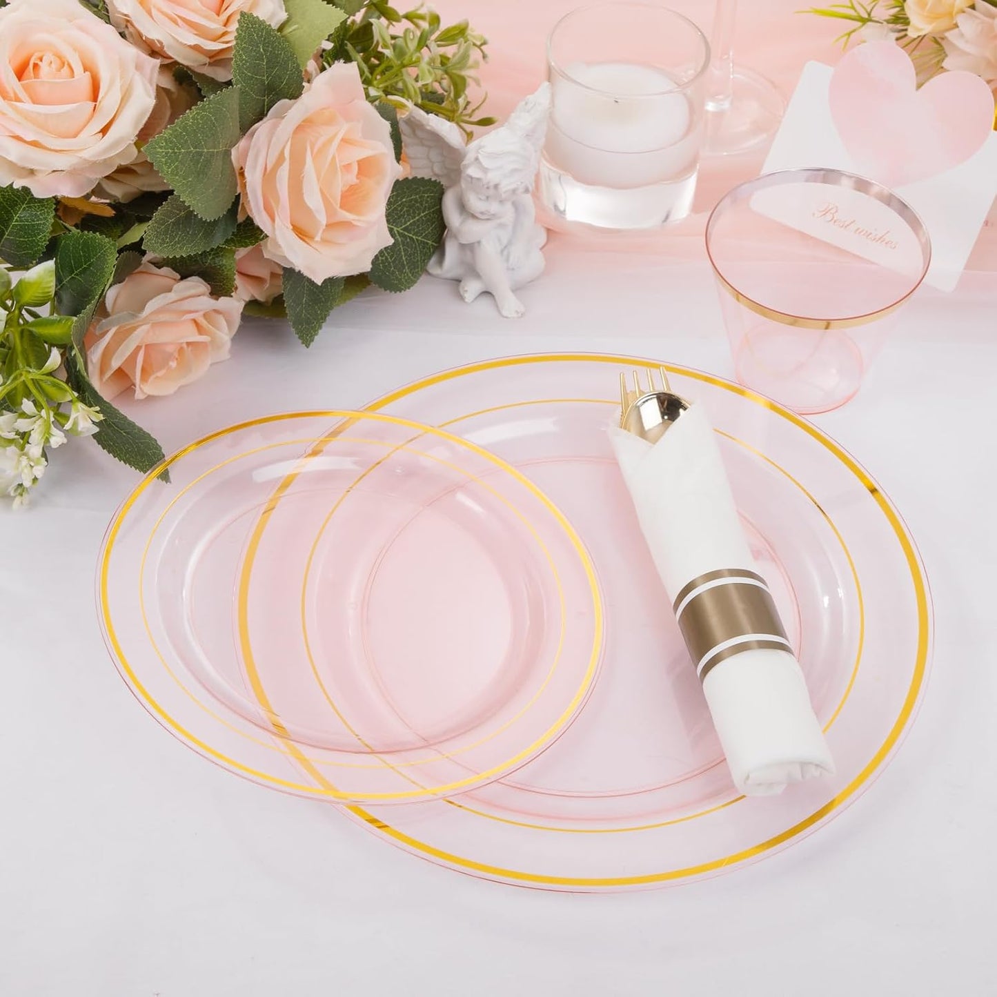 WELLIFE 350-Piece Gold Disposable Plates and Cutlery Set - Premium 10.25" Dinner Plates, 7.5" Dessert Plates, 9oz Cups & Cutlery for Weddings, Catering Events - 50 Guest Service - Elegant & Sturdy
