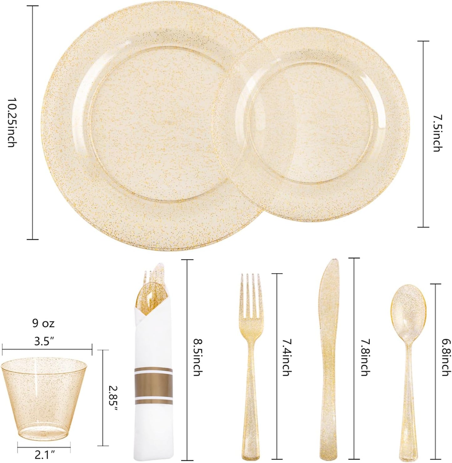 WELLIFE 350-Piece Gold Disposable Plates and Cutlery Set - Premium 10.25" Dinner Plates, 7.5" Dessert Plates, 9oz Cups & Cutlery for Weddings, Catering Events - 50 Guest Service - Elegant & Sturdy