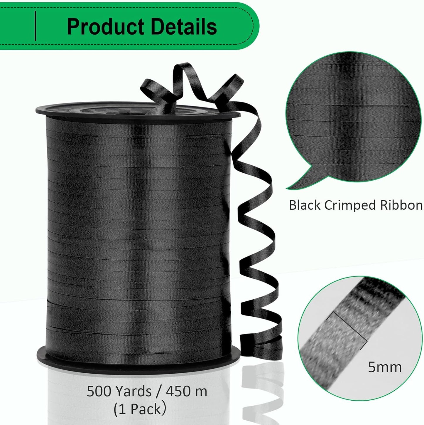 Black Ribbon - 500 Yard Crimped Curly Ribbon for Gift Wrapping, Balloons, Graduations, Halloween, Birthday Parties
