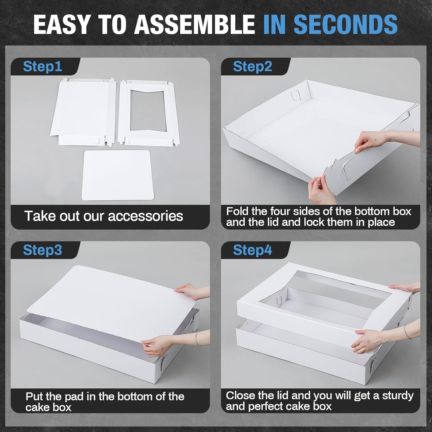 10 Sets 19 x 14 x 4 Inch Heavy Duty Half Sheet Cake Box with Window Include Corrugated Paperboard Cake Box Bottom Bakery Top Greaseproof Pad Tray for Dessert