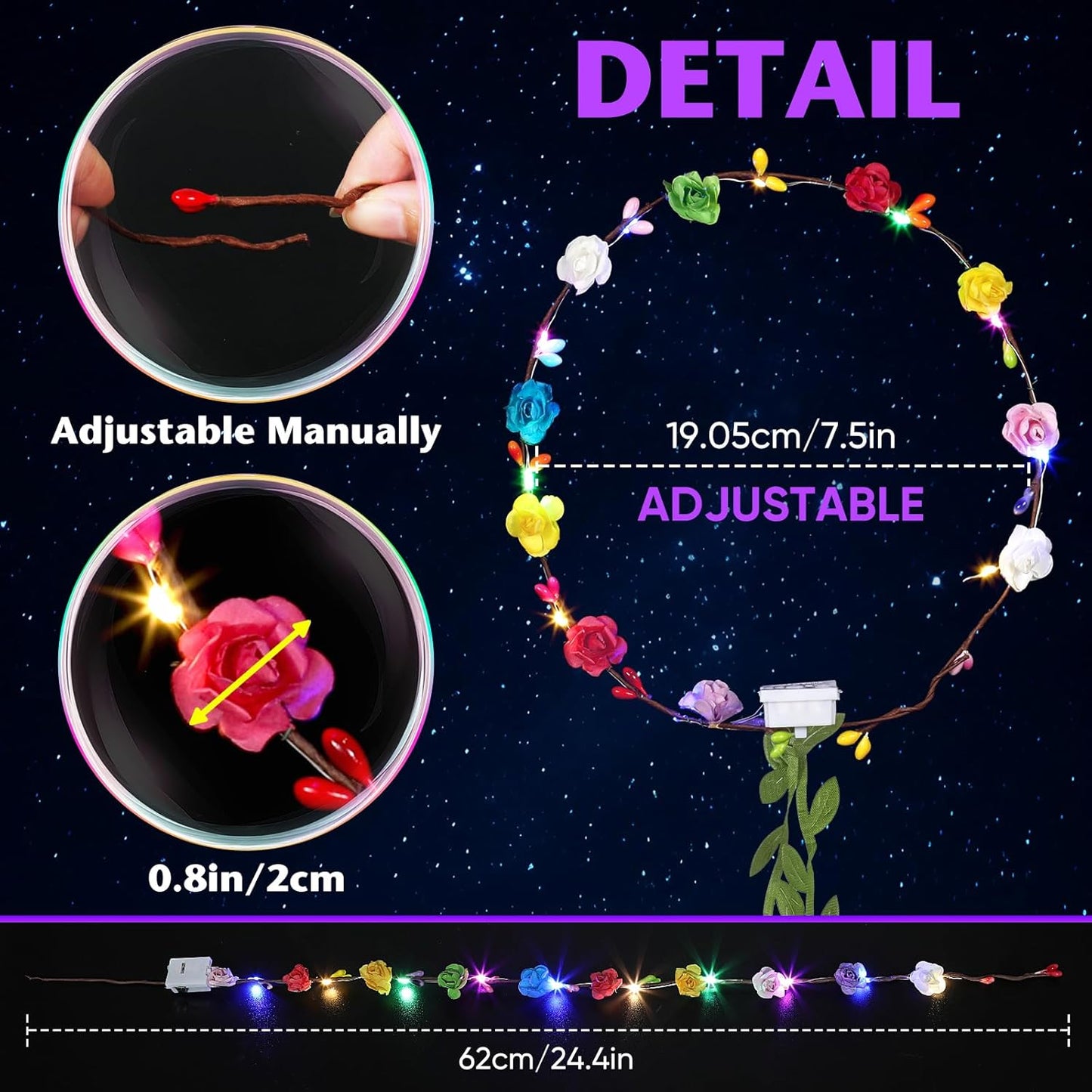 50 PCS LED Flower Crowns Headbands with Ribbons, Light Up Flower Headband for Women, Glow in the Dark Party Supplies for Wedding Birthday Party
