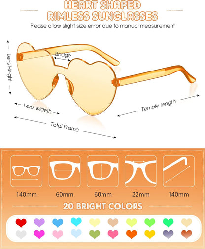 Frienda 20 Pairs Heart Shaped Sunglasses Rimless Candy Color Glasses for Women Men Party Favor