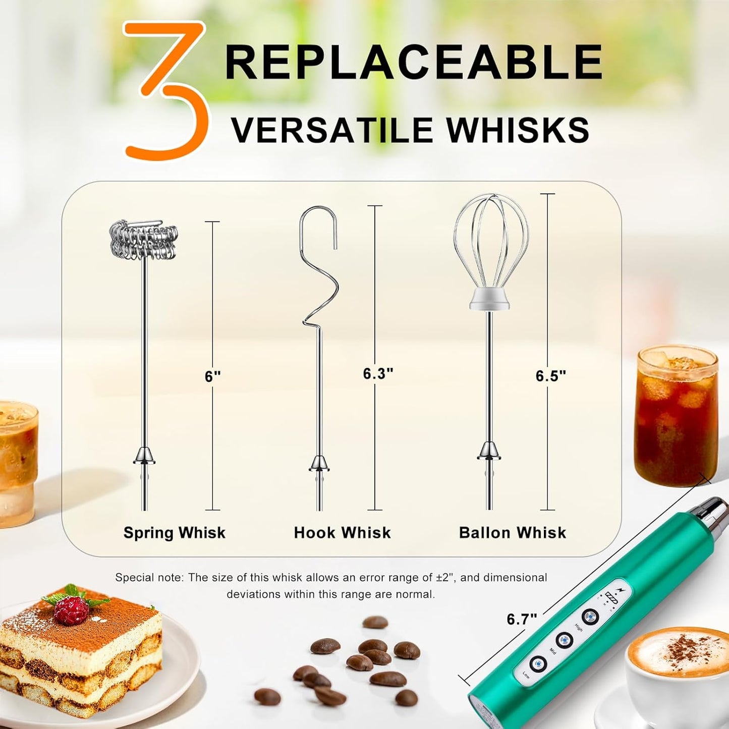 YUSWKO Black Handheld Milk Frother Wand for Coffee, Rechargeable Electric Whisk with 3 Heads 3 Speeds Drink Mixer Coffee Frother For Latte, Cappuccino, Hot Chocolate, Egg