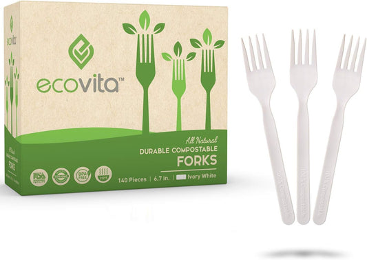 100% Compostable Forks - 140 Large Disposable Utensils (7 in.) Eco Friendly Durable and Heat Resistant Alternative to Plastic Forks with Convenient Tray by Ecovita