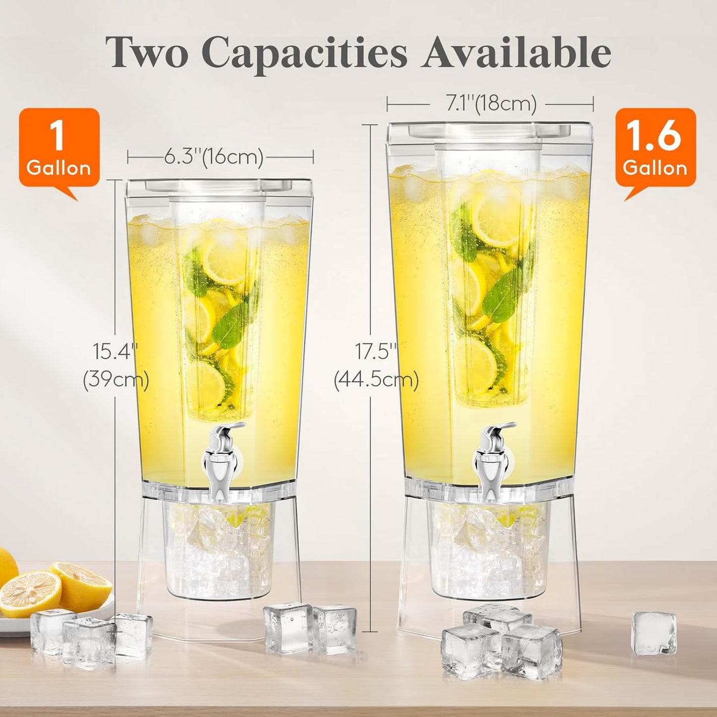 Lifewit 1 Gallon Drink Dispenser for Parties 2 Pcs, Plastic Beverage Container for Juice/Tea/Soda with Stand & Ice Core, Clear Lemonade Dispenser with Spigot, BPA Free Water Pitcher 39 x 16 cm/15x6"