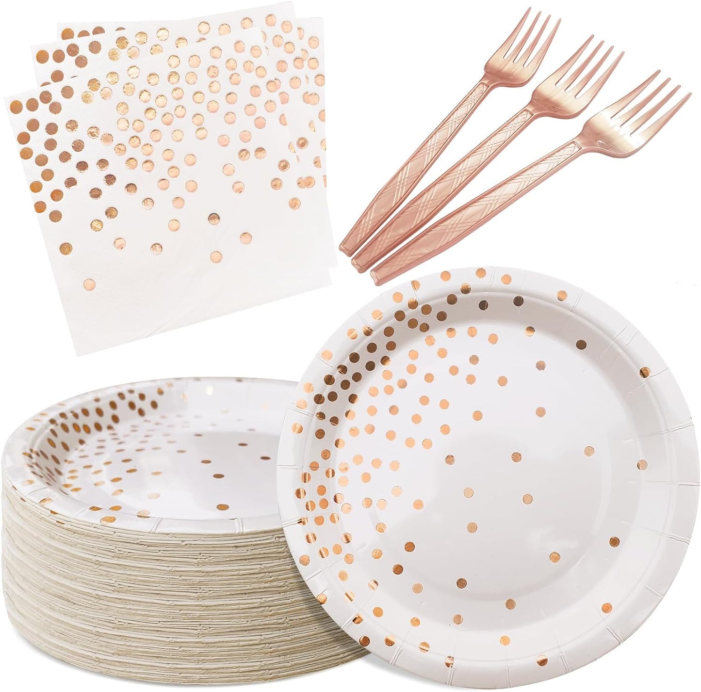 White and Gold Paper Plates Napkins Party Supplies,Disposable Gold Dot Paper Dessert Plates,105 PCS Birthday Plates and Napkins Party Supplies for Wedding(Serves 35 Guests 7")