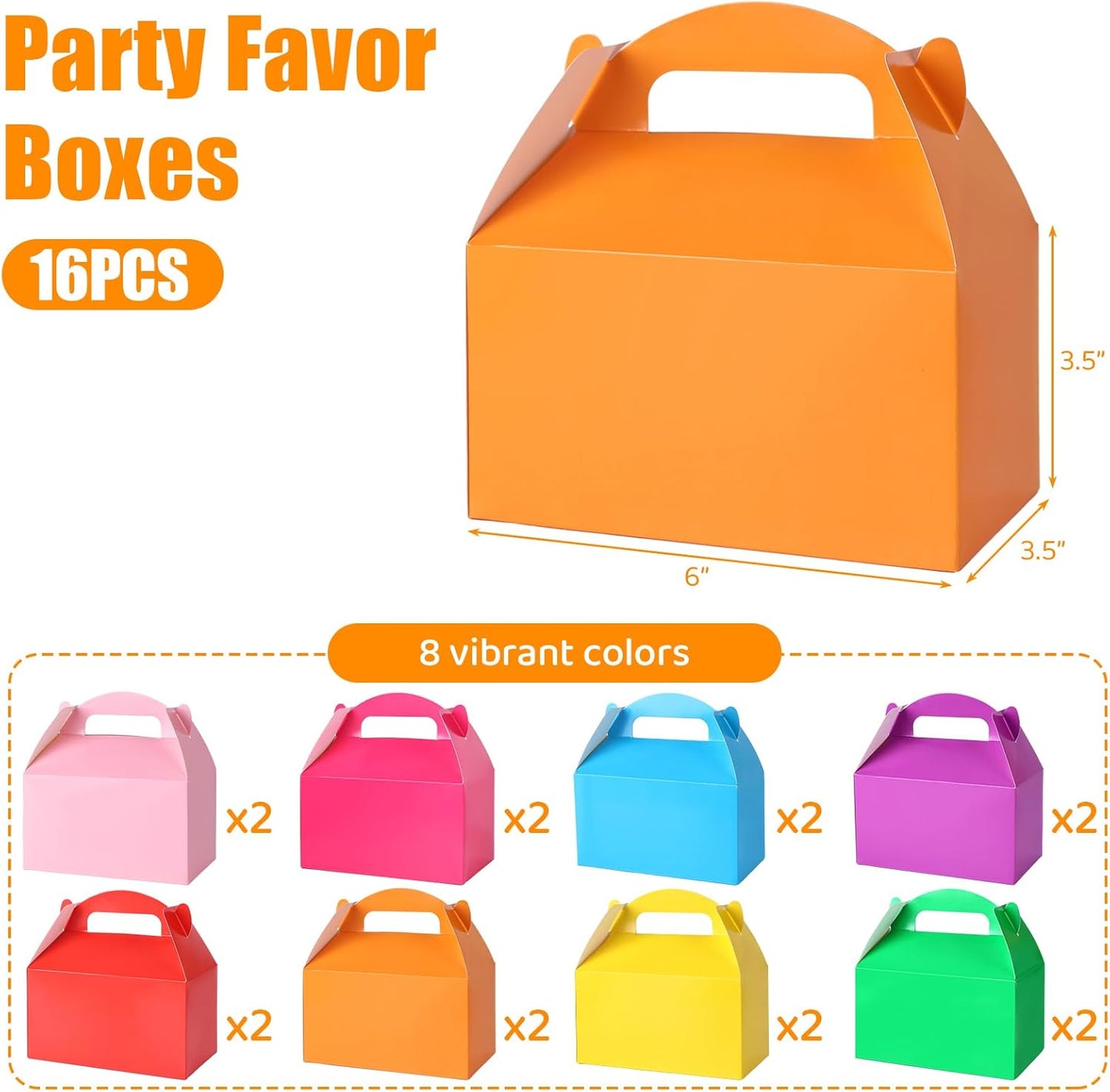 VGOODALL 16PCS Gable Treat Boxes Goodie Bags, 6x3.5x3.5inch Colorful Paper Gift Boxes for Kids Snacks, Candy, Toys, Birthday Party, Wedding
