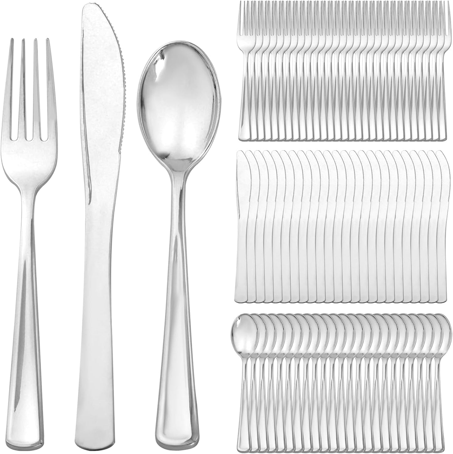 Supernal 360pcs Silver Plastic Cutlery,Elegant Plastic Silverware,Silver Hammed Silverware,Disposable Flatware,Include 120 Forks,120 Knvies,120 Spoons,Perfect for Birthday,Party,Wedding