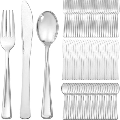 Supernal 360pcs Silver Plastic Cutlery,Elegant Plastic Silverware,Silver Hammed Silverware,Disposable Flatware,Include 120 Forks,120 Knvies,120 Spoons,Perfect for Birthday,Party,Wedding