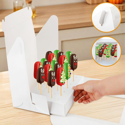 MGWOTH Cake Pop Boxes Packaging with Sticks Set, 5PCS Cakesicle Display Stand with Window, Portable Lollipops Transport Holder with 100Pcs Paper Sticks, Bakery Containers for Babyshower, Party