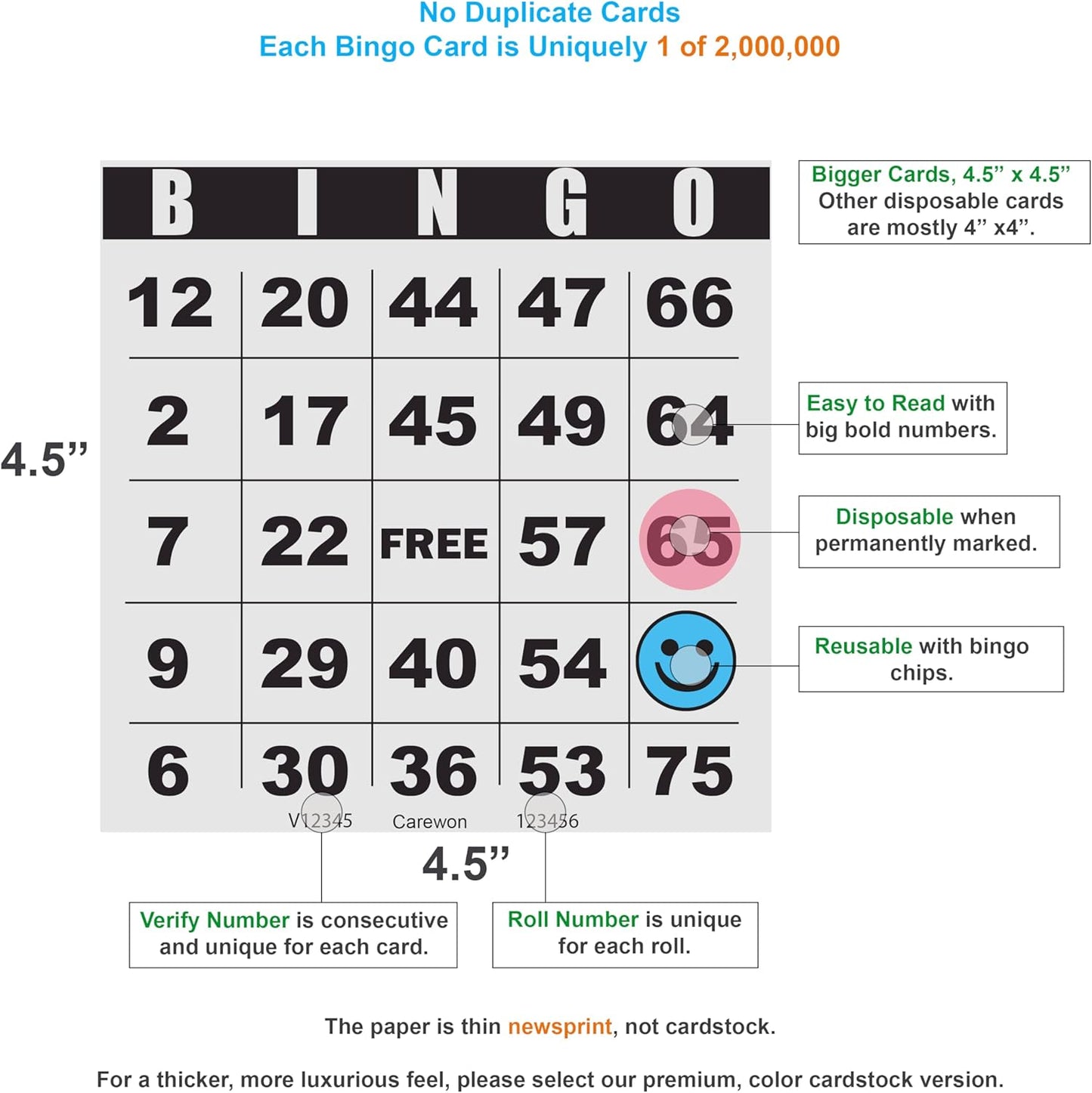 200 Bingo Cards, Large 4.5" x 4.5", Paper Bingo Sheets, Disposable or Reusable for Daubers or Chips