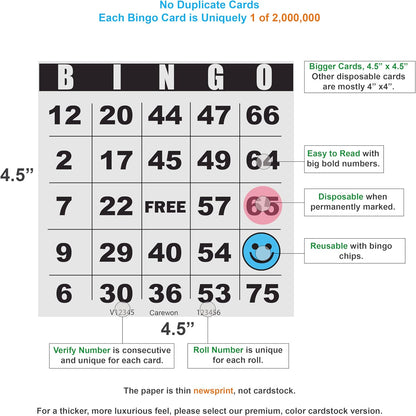 200 Bingo Cards, Large 4.5" x 4.5", Paper Bingo Sheets, Disposable or Reusable for Daubers or Chips