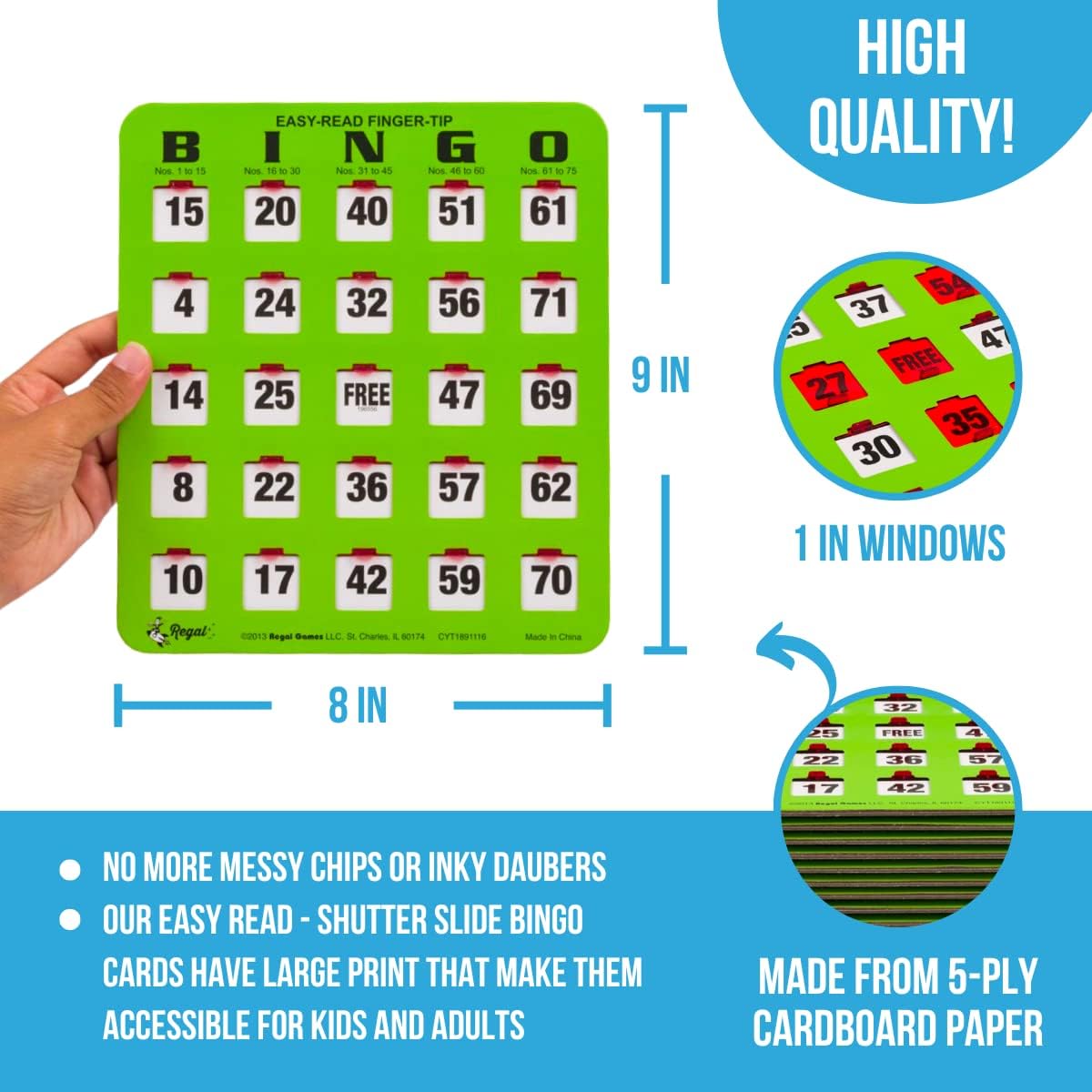 Regal Bingo Game Set for Adults and Kids - 50 Bingo Cards with Sliding Windows, Reusable & Large Bingo Cards, 1 Master Board - Fun Family Game Night - No Chips & Daubers Needed - Green