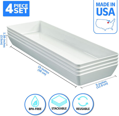 US Acrylic White Plastic Serving Trays (Set of 4) 15” x 10” | Large Unbreakable Reusable Rectangular Party Platters | Serve Appetizers, Fruit, Veggies, & Desserts | BPA-Free & Made in USA