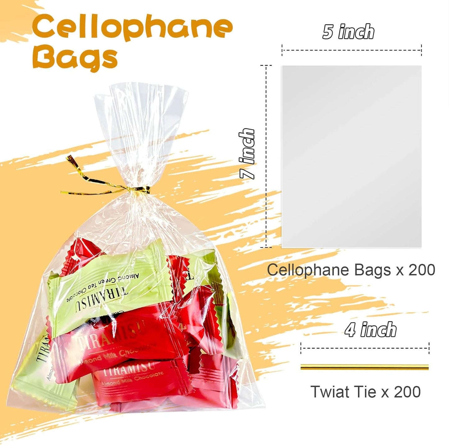 5x7 Inch Iridescent Cellophane Treat Bags with Twist Ties, Treat Bags for Candy Cookie Goodie Chocolates, And Popcorn