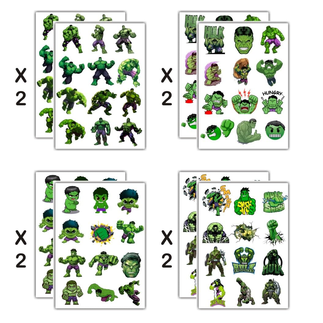 8 Sheets Green Hero Temporary Tattoos for Kids, Green Hero Birthday Party Decorations Party Favors for Kids Party Supplies