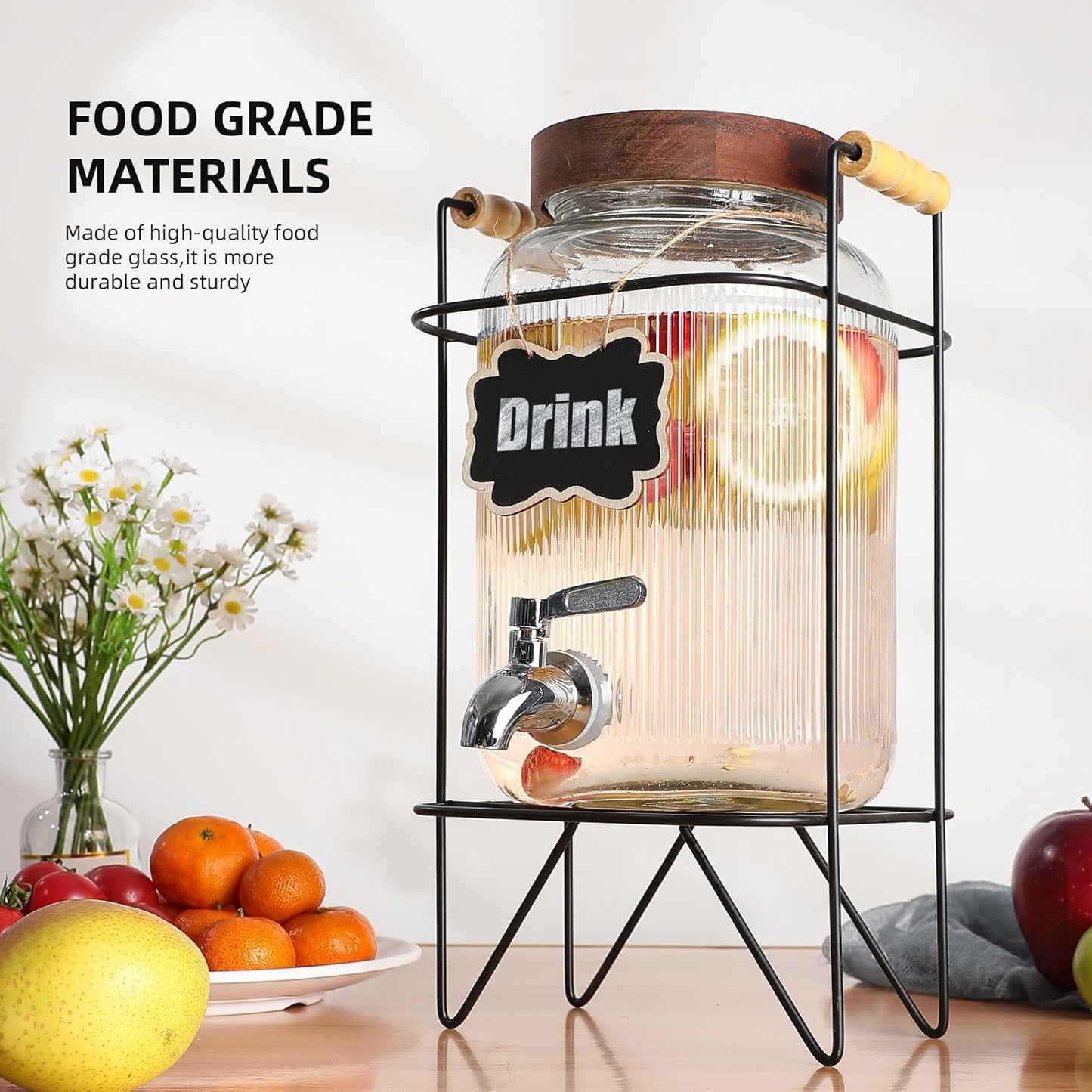1 Gallon Glass Beverage Dispenser with Stainless Steel Spigot and Lid, Iced Tea Lemonade Juice Dispenser with Stand for Parties, Rust-Proof Drink Dispenser for Fridge, Easy to Clean