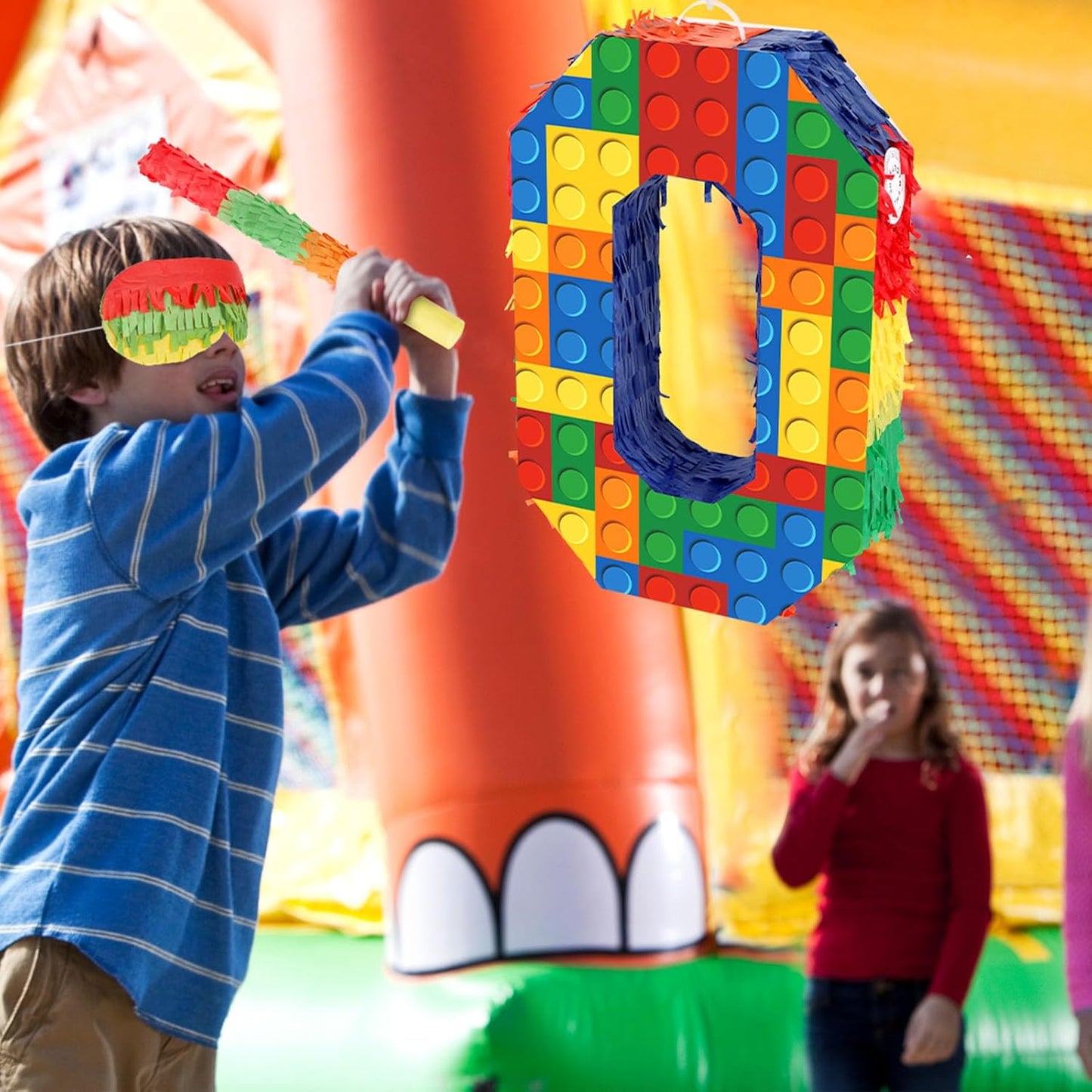 Number 7 Pinata Building Blocks with Pinata Stick Blindfold 7th Birthday Party Decorations Happy Birthday Building Block Theme Anniversary Party Supplies for Kids (Small, 16 x 10.6 x 3 in)