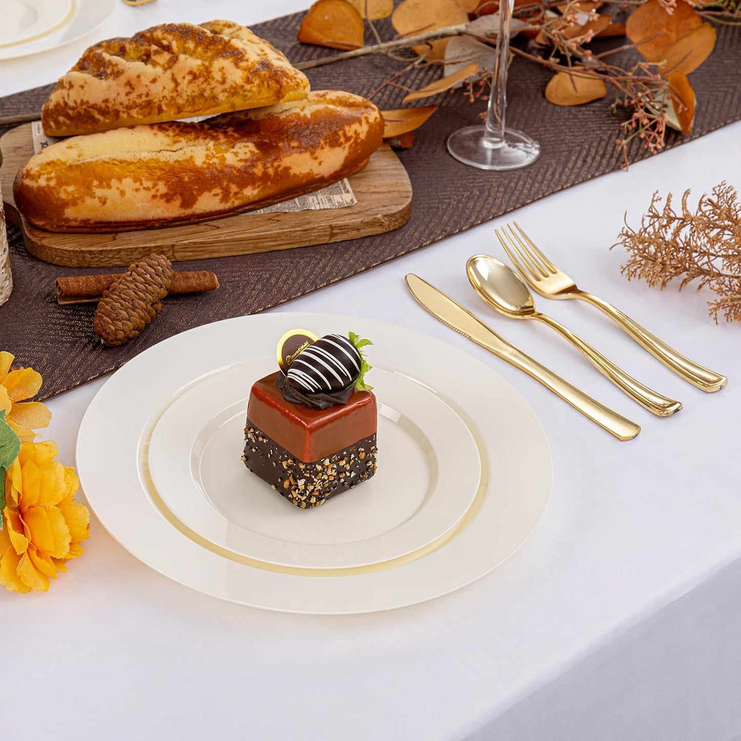 I00000 102 Pieces Gold Plastic Plates, Disposable Party Plates White Gold Rim, 51 Disposable Gold Dinner Plates 10.25 Inch and 51 Disposable Dessert Appetizer Elegant Fancy Wedding Plates 7.5 Inch