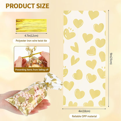 100 Pcs Star Printed 5"X 7" Gift Wrap Cello Cellophane Treat Bags Party Favor bags Clear Candy Cookie Bag Plastic Poly Goodie Storage Bag with Twist Ties for Bakery,Birthday, Wedding ,Party Decorations (Gold)