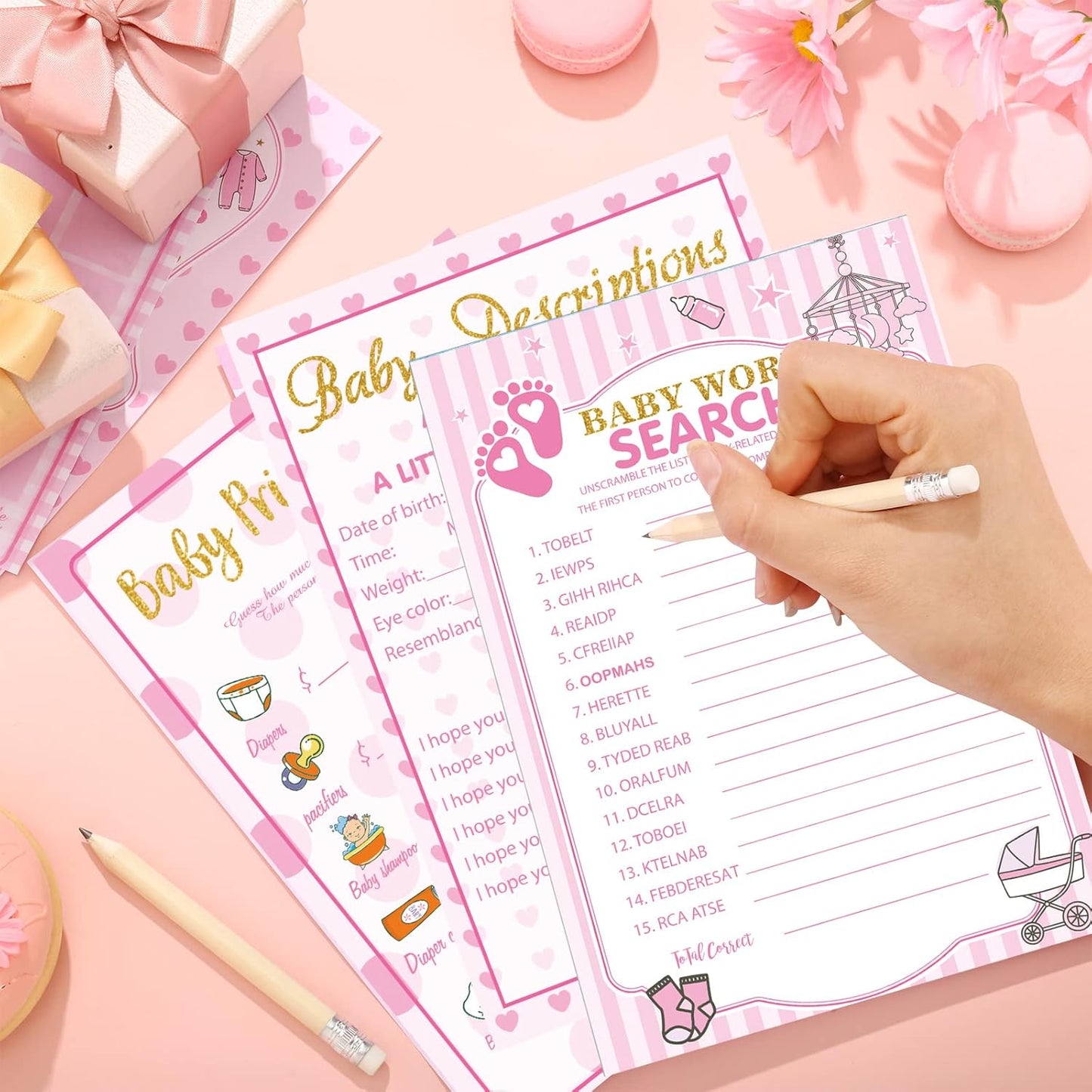 Yinder 145 Pcs Baby Shower Games Activities Cards with 20 Pencils Includes Baby Bingo Description and Wishes Guess Who Price is Right Word Scramble Game(Here Comes the Son)