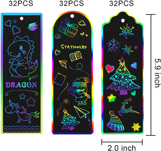AUGSUN 96 Set Magic Scratch Rainbow Bookmarks Making Kit for Kids Students Christmas Party Favor Scratch Paper DIY Bookmarks Bulk with Bamboo Stylus (Regular)