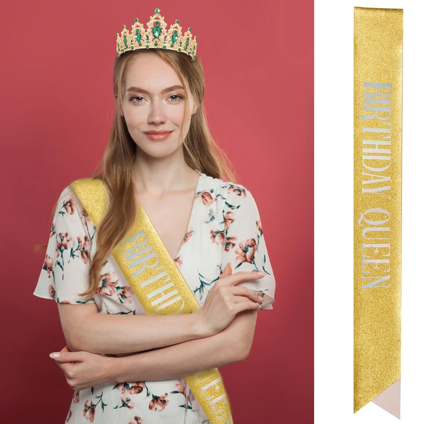 CAVETEE Red Black Birthday Crown and Sash for Women Sash & Rhinestone Tiara Set Red and Black Party Decorations Birthday Queen Crowns Tiaras for Women