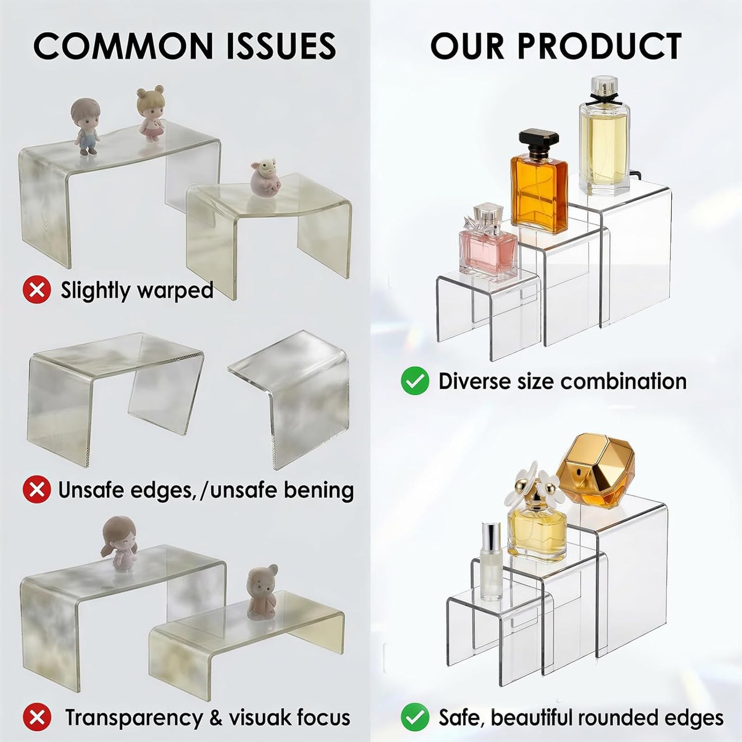 Fixwal 10pcs 2 Set Acrylic Risers for Display Clear Perfume Organizer Stands Acrylic Display Risers for Show Figures, Cupcake, Jewelry, Toys, Perfume and More (Large Size)