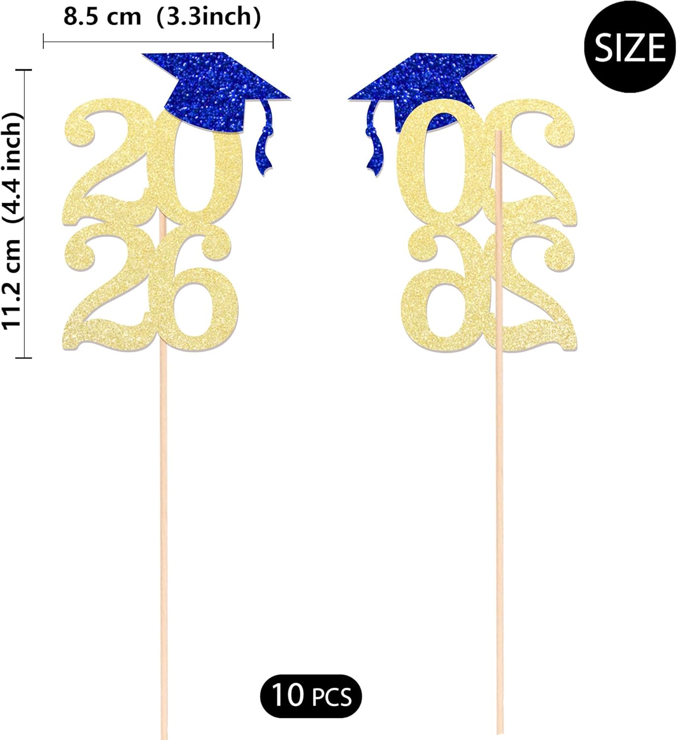 Class of 2026 Graduation Centerpieces, 10 Pcs Gold Glitter 2026 Centerpieces with Graduation Cap, Congrats Grad Party Decorations for Cake, Dessert & Centerpieces