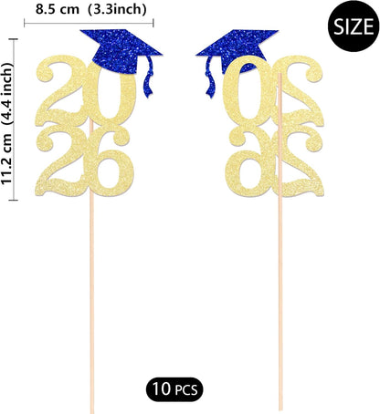 Class of 2026 Graduation Centerpieces, 10 Pcs Gold Glitter 2026 Centerpieces with Graduation Cap, Congrats Grad Party Decorations for Cake, Dessert & Centerpieces